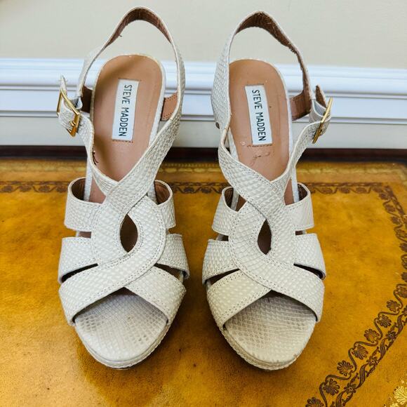 Steve Madden Hitower Leather Platform Bone Tan Wooden Heeled Sandals Size 9.5 - Picture 1 of 11